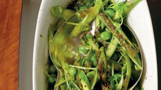 Shaved asparagus, pea and pea shoot salad
